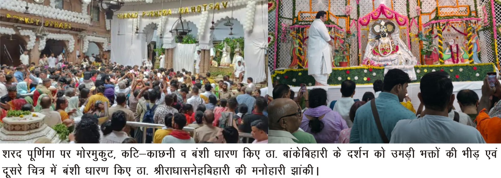 मथुरा न्यूज: शरद पूर्णिमा की धवल चांदनी में बंशीधारी ठा. बांकेबिहारी के दर्शन को उमड़े श्रद्धालु, खीर-चंद्रकला का लगा भोग