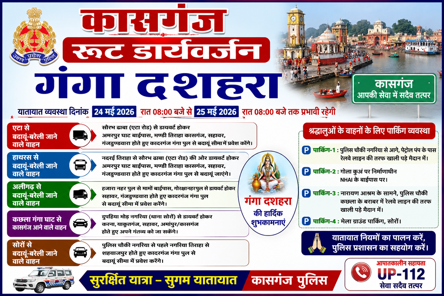 KASGANJ NEWS गंगा दशहरा पर कासगंज में भारी वाहनों का रूट डायवर्जन, पुलिस ने जारी किया विशेष ट्रैफिक प्लान