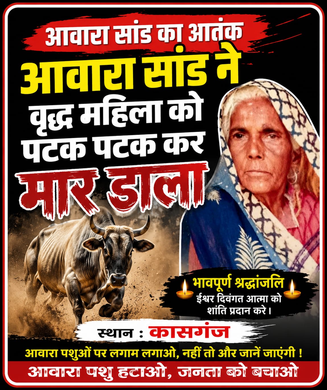 KASGANJ NEWS आवारा सांड के हमले में वृद्ध महिला की दर्दनाक मौत, परिवार में मचा कोहराम